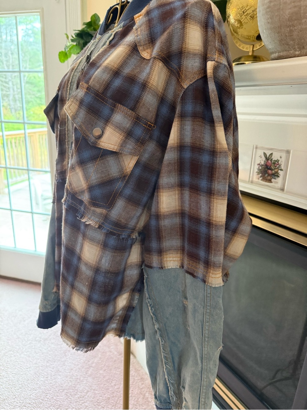 Oli & Hali size Large Plaid Utility denim and flannel top Blue/Brown shacket top - Picture 8 of 9